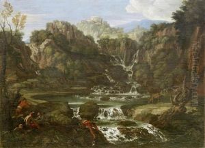An Extensive River Landscape With A Waterfall