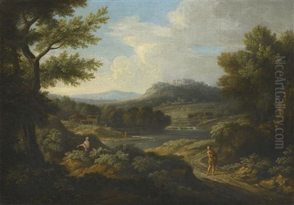 An Arcadian River Landscape With Figures In The Foreground And A Hilltop Castle Beyond - view 1