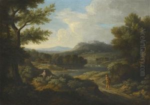 An Arcadian River Landscape With Figures In The Foreground And A Hilltop Castle Beyond by Gaspard Dughet