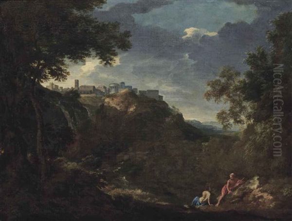 A View Of Tivoli With Classical Figures Conversing On A Shore - view 1