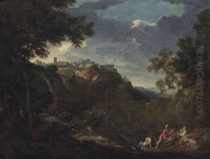 A View Of Tivoli With Classical Figures Conversing On A Shore by Gaspard Dughet
