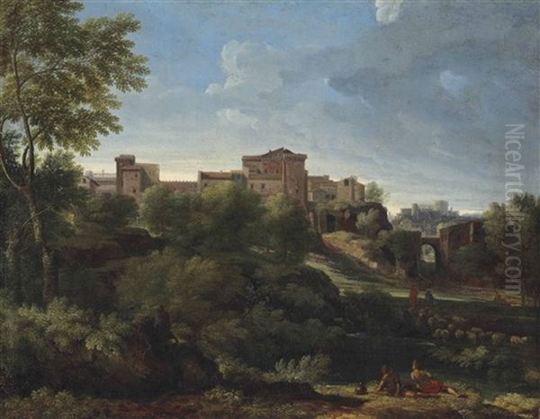 An Italianate Wooded Landscape With Figures At Rest, A Hilltop Town Beyond - view 1