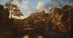 Wanderer In Einer Hugeligen Landschaft by Gaspard Dughet