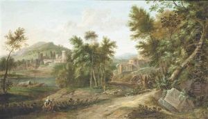 An Italianate River Landscape With Classical Figures, A Fortified Town Beyond