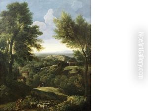 An Italianate Landscape With A Shepherd And His Flock In The Foreground, In A Carved Giltwood Frame by Gaspard Dughet