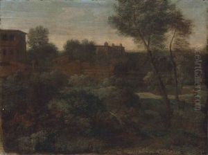 A Wooded Italianate Landscape With A Figure On A Path In The Foreground, A Town Beyond