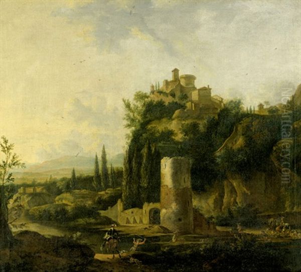 Landschaft Mit Kastell Und Turmruine, Im Vordergrund Eine Hirschjagd - view 1
