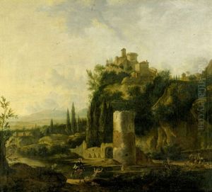 Landschaft Mit Kastell Und Turmruine, Im Vordergrund Eine Hirschjagd