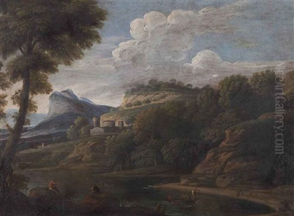 A River Landscape With Figures And A Mountain In The Distance - view 1