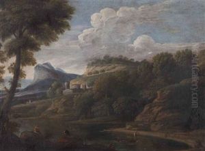 A River Landscape With Figures And A Mountain In The Distance A River Landscape With Figures And A Mountain In The Distance