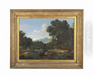 An Extensive River Landscape With Classical Figures At Rest An Extensive River Landscape With Classical Figures At Rest