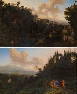 Ansicht Von Tivoli Mit Dem Tempel Der Sibilla Tiburtina Und Dem Grosen Wasserfall Im Vordergrund (+ Ansicht Einer Festung (castel Gandolfo?) In Latium (pair)