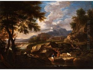 Felsige Landschaft Mit Hirten An Einem Flusslauf by Gaspard Dughet