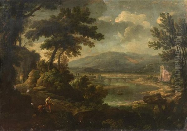 Promeneurs Devant Un Paysage De Riviere - view 1