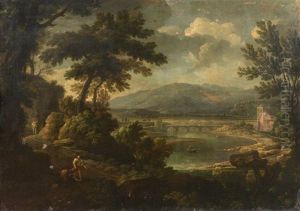 Promeneurs Devant Un Paysage De Riviere by Gaspard Dughet