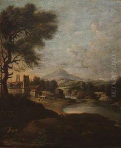 Landscape With Figures In The Foreground And Village Beyond by Gaspard Dughet
