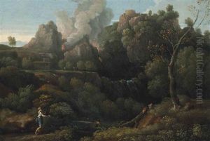 A Wooded River Landscape With A Volcano Erupting Beyond by Gaspard Dughet