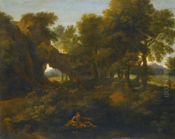 A Classical Landscape With A Fisherman In The Foreground And A Herder With Goats On The Path Beyond - view 1