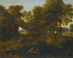 A Classical Landscape With A Fisherman In The Foreground And A Herder With Goats On The Path Beyond by Gaspard Dughet