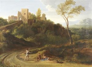 An Italianate Landscape With Figures Resting And A View Of Tivoli Beyond (+ A Shepherd And His Flock In An Italianate Landscape; Pair) by Gaspard Dughet