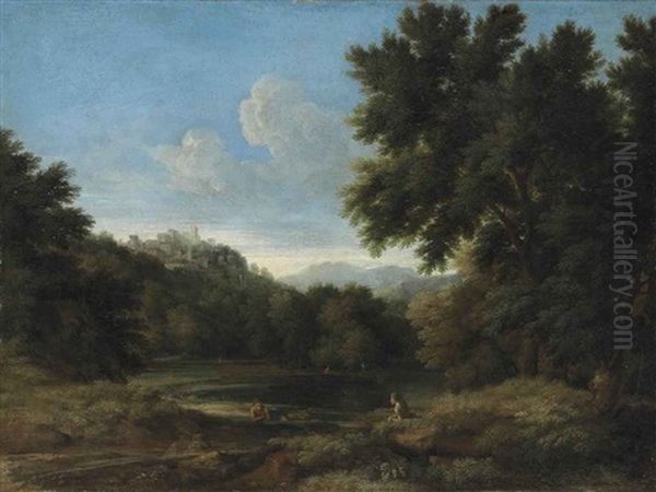 A Wooded River Landscape With Figures Resting, A Town On The Mountains Beyond - view 1
