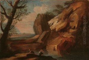 Paesaggio Roccioso Con Laghetto E Nuotatore