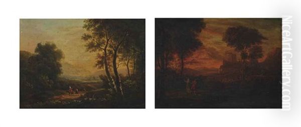 Travellers In A Wooded Landscape (+ Classical Figures In An Arcadian Landscape; Pair) - view 1