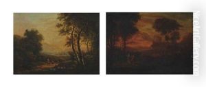 Travellers In A Wooded Landscape (+ Classical Figures In An Arcadian Landscape; Pair) by Gaspard Dughet