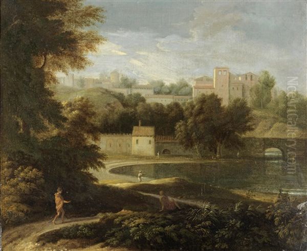 Figures Walking By A Lake, With A Fortified Village Beyond - view 1