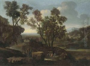 An Italianate Wooded River Landscape With A Shepherd And His Flock On A Track by Gaspard Dughet