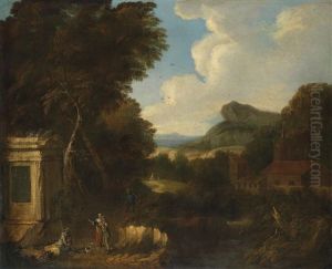 Weite Bewaldete, Gebirgige Landschaft Mit Einem Monument Und Figuren by Gaspard Dughet