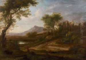 Personnages Remontant Un Chemin Pres D"un Village by Gaspard Dughet