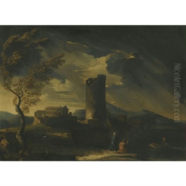 A Thunderous Classical Landscape With Two Figures Waiting For A Boat To Come To Shore, A Village And Ruins To The Left - view 1