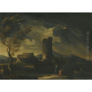 A Thunderous Classical Landscape With Two Figures Waiting For A Boat To Come To Shore, A Village And Ruins To The Left by Gaspard Dughet