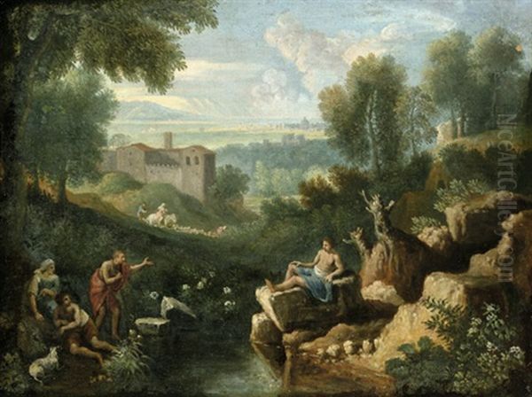 Campagnalandschaft Mit Rastenden Hirten, Im Hintergrund Die Silhouette Von Rom - view 1
