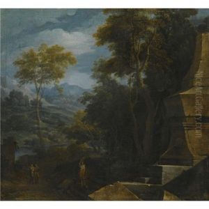 An Italianate Landscape With A Woman Fetching Water From A Fountain by Gaspard Dughet