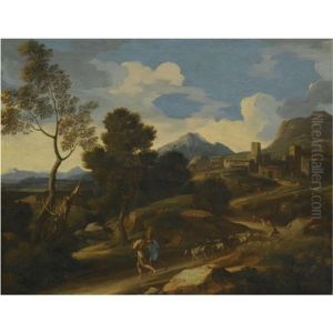 An Italianate Landscape With Goat Herders Driving Their Flock Along The Path In The Foregound, A Town Beyond
