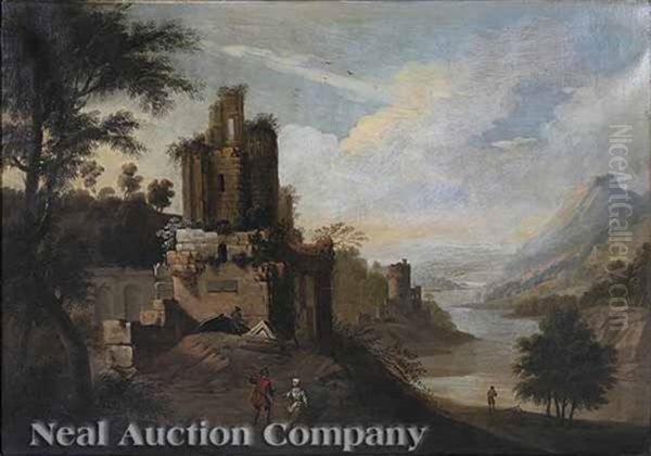 An Extensive River Landscape With Figures Resting Beside A Capriccio Of Ruins - view 1