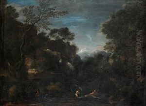 A Fisherman And Figures Beside A Lake by Gaspard Dughet