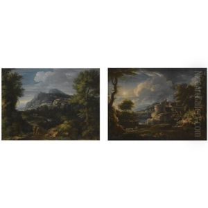 A Capriccio River Landscape With Travellers In The Foreground And A Fortified Town Beyond (+ A Mountainous Wooded River Landscape With Travellers On A Path In The Foreground; Pair) by Gaspard Dughet