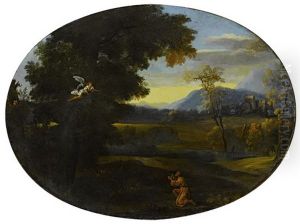 Landschaft Mit Burgruine, Im Vordergrund Heiliger Mit Einem Verkundenden Engel by Gaspard Dughet
