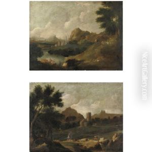 Paesaggi Con Viandanti E Pescatori (pair) by Gaspard Dughet