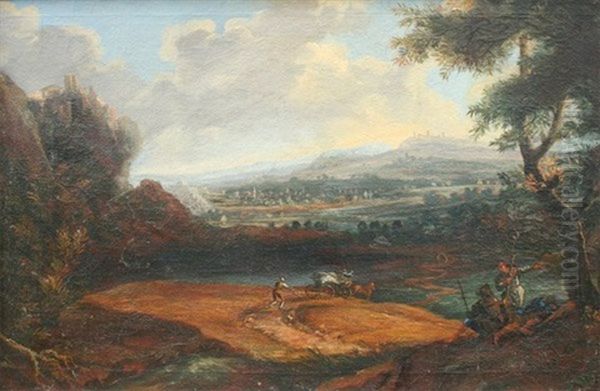 Idyllische Fluslandschaft Mit Ruinen Und Rastenden Wanderern - view 1
