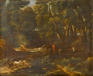 A Wooded Landscape With Shepherds Watering Their Flock At A Stream by Gaspard Dughet