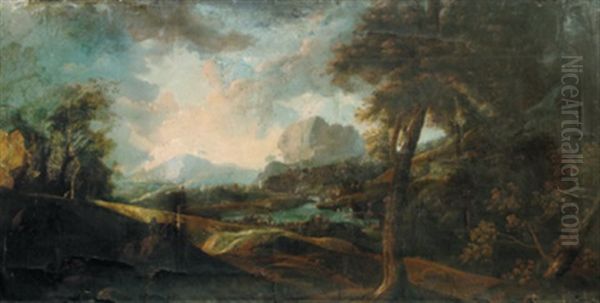 Paesaggio Con Bosco E Fiume Con Un Paese, Pastori E Gregge - view 1