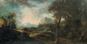 Paesaggio Con Bosco E Fiume Con Un Paese, Pastori E Gregge by Gaspard Dughet
