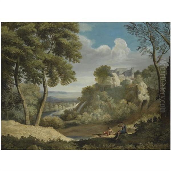 A Landscape With Two Figures In The Foreground And A Fortified Town Beyond - view 1