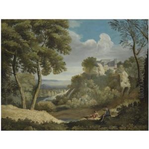 A Landscape With Two Figures In The Foreground And A Fortified Town Beyond A Landscape With Two Figures In The Foreground And A Fortified Town Beyond