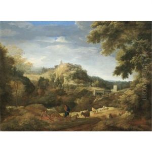 A View Of Tivoli With Shepherds Resting With Their Flock In The Foreground by Gaspard Dughet