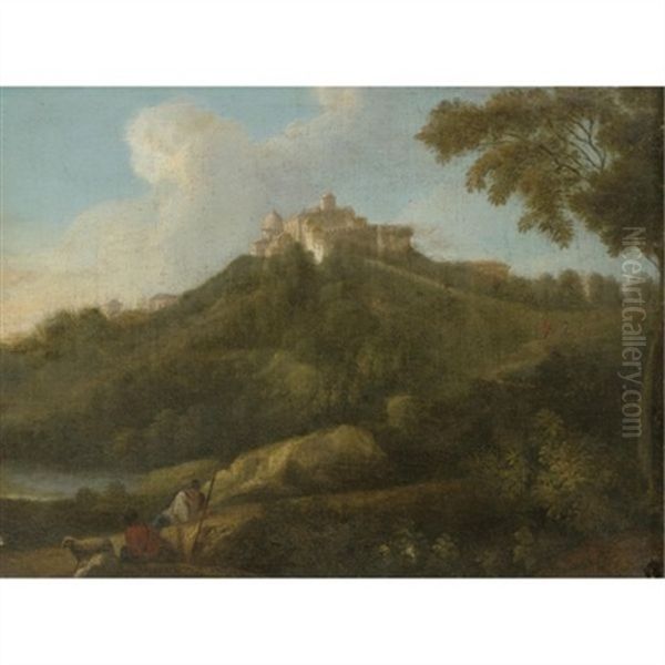 A View Of The Roman Campagna With Shepherds In The Foreground And A Palazzo And A Church On A Hilltop Beyond - view 1
